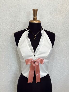 Pretty Damage Ivory Satin Ruffle Halter Top